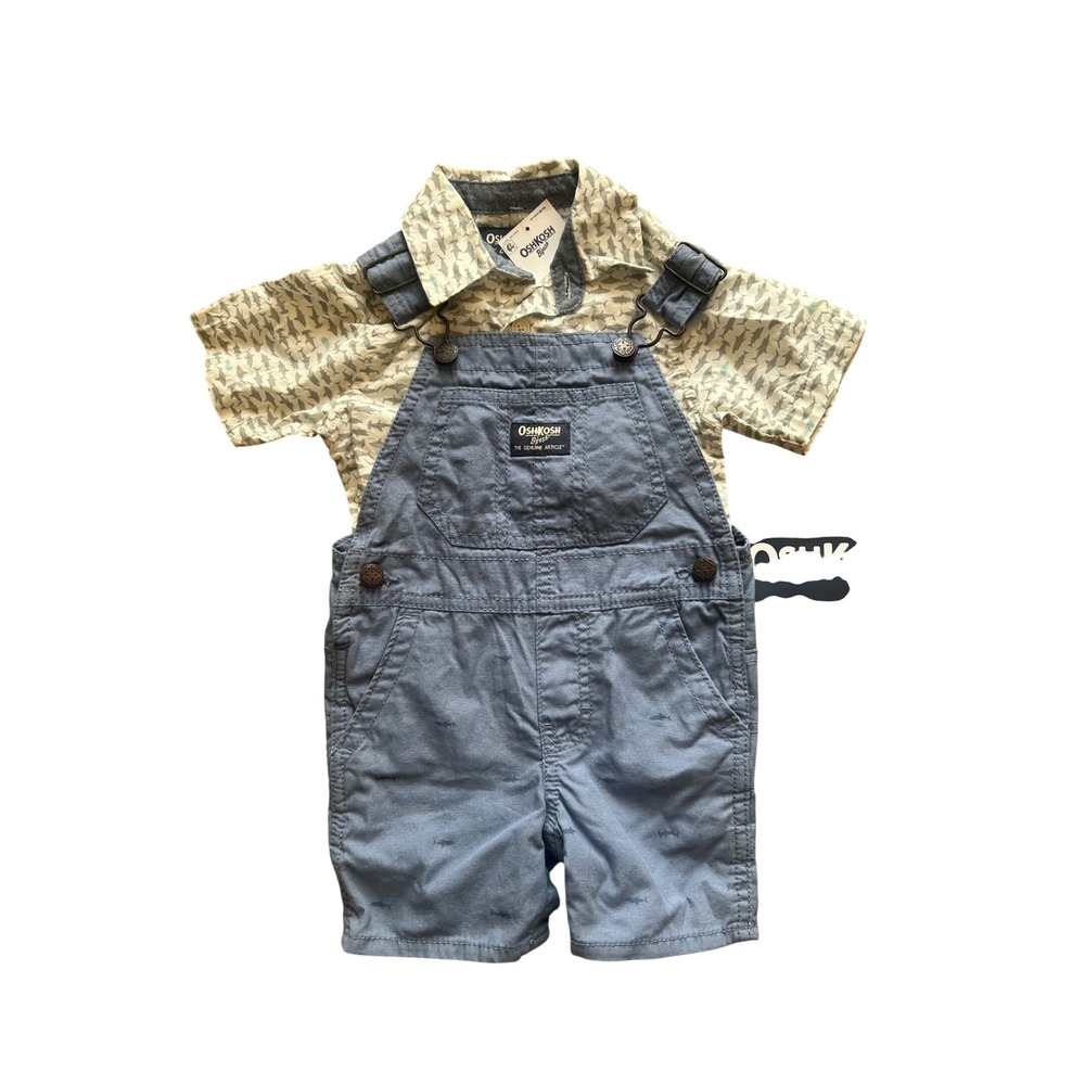 NWT OshKosh Blue Shark Print Overalls & Shirt Set Baby Boys 12M 18M Summer